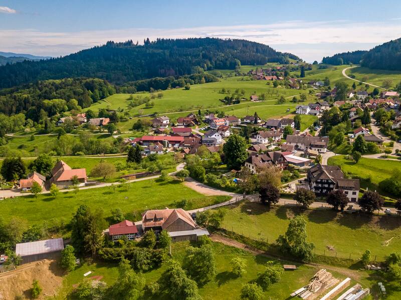 Das Bild zeigt eine idyllische ländliche Landschaft mit verstreuten Häusern, grünen Wiesen und bewaldeten Hügeln im Hintergrund.